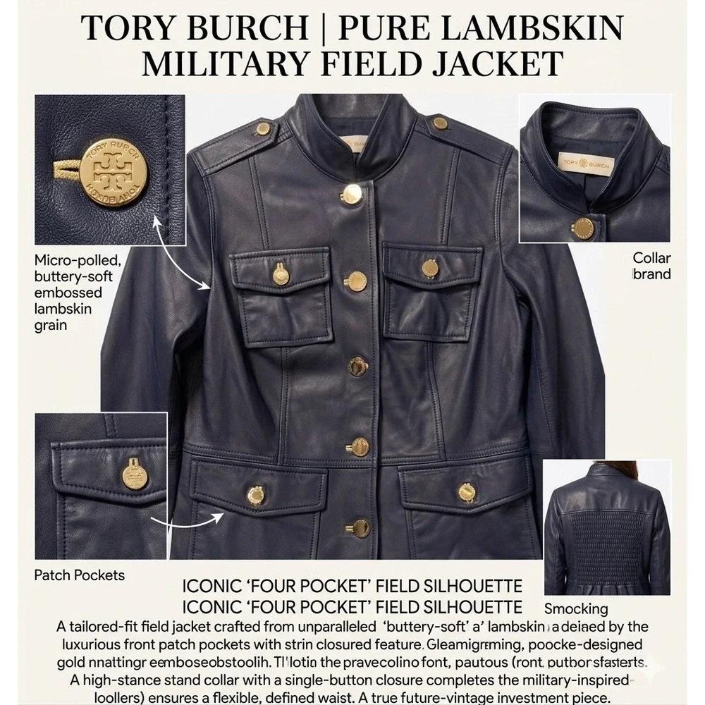 Luxurious Tory Burch Future VTG Lambskin Buttery Soft Military Field Jacket Sz 4